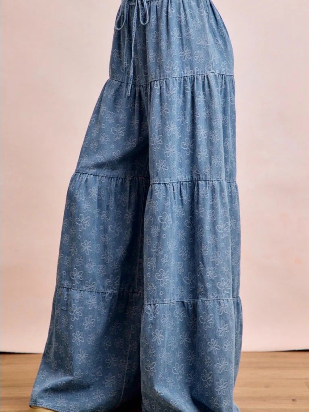 BiBi Wide-Leg Tiered Palazzo Pants in Faded Denim Blue - Picture 4 of 5